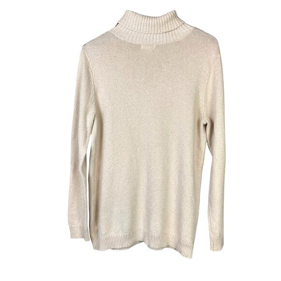 Charter Club Cream & Gold Metallic Knit Zipper Suede Trim Turtleneck Sweater - Picture 2 of 10